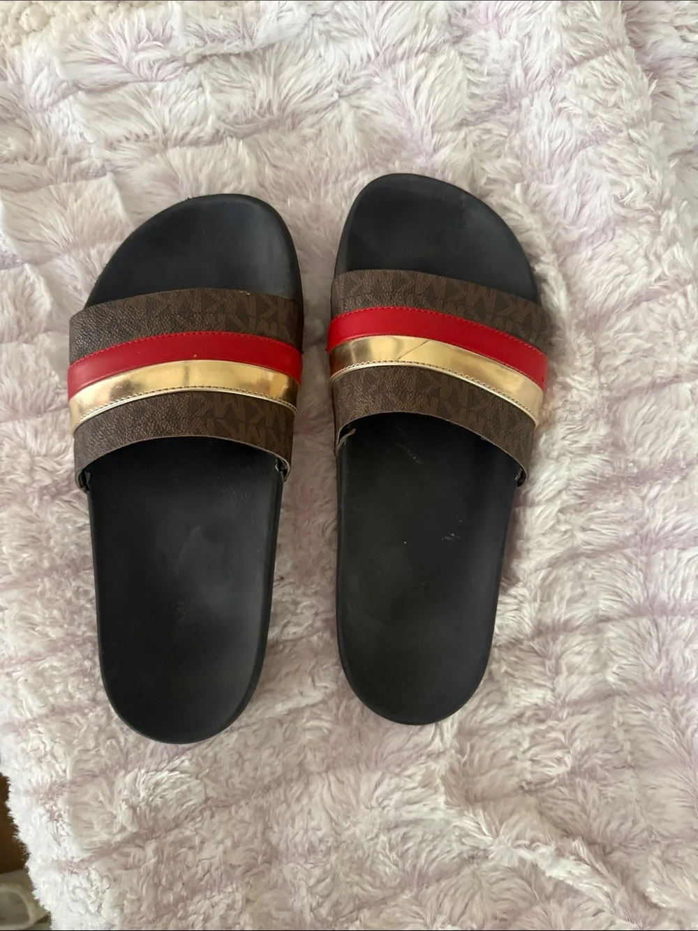 Michael Kors Brown, Gold & Red Logo Slide Sandals slides